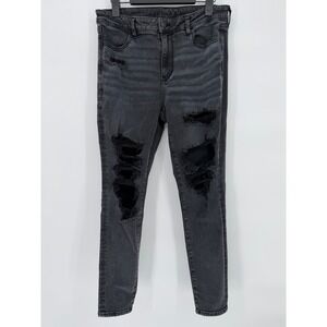 American Eagle Outfitters Hi Rise Jegging Jeans Black Distressed Ripped Size 14
